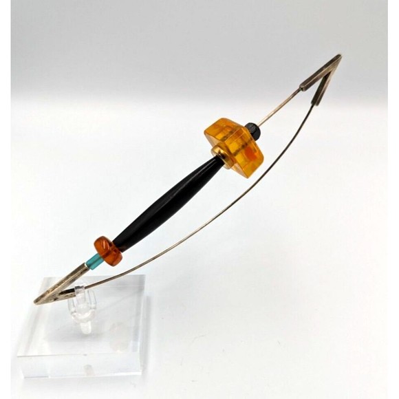 Sterling Silver Amber Brooch Modernist Artist Made Vintage Safety Pin Type 925 - Picture 2 of 13